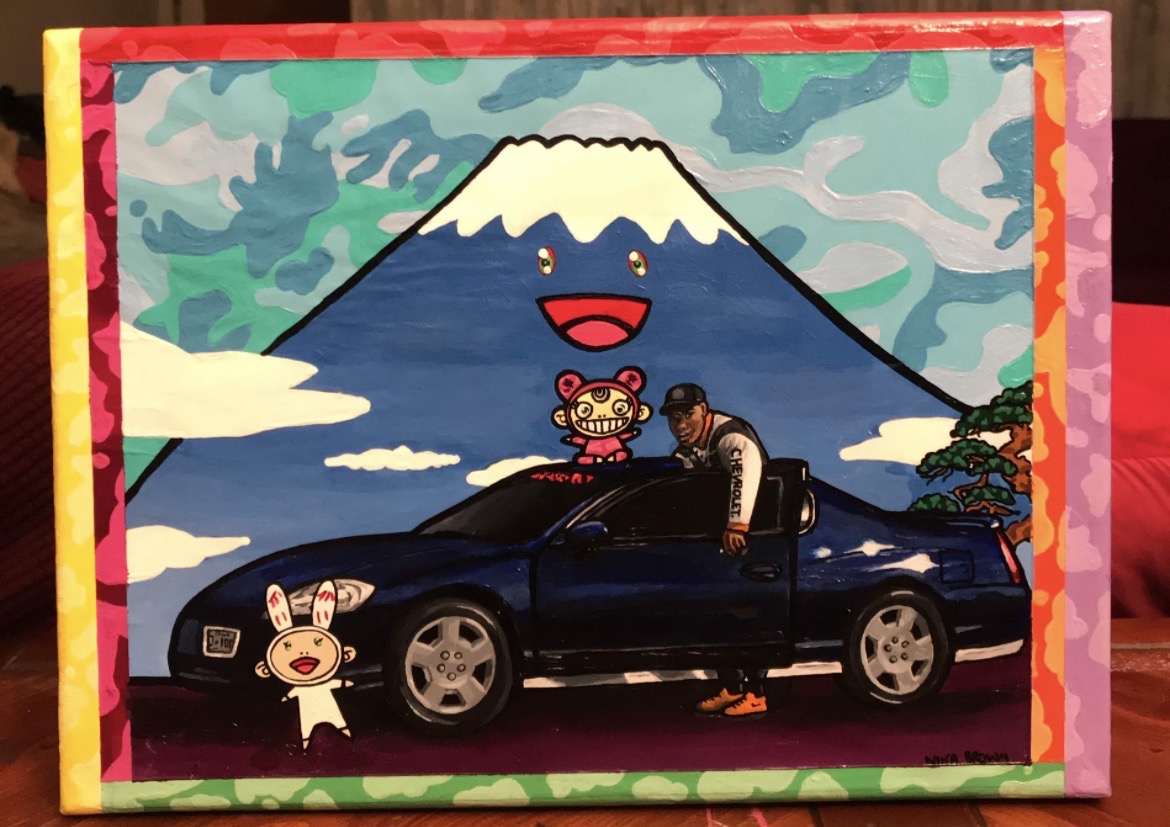 Original painting of a blue car, a smiling mountain and playful characters in a colorful frame