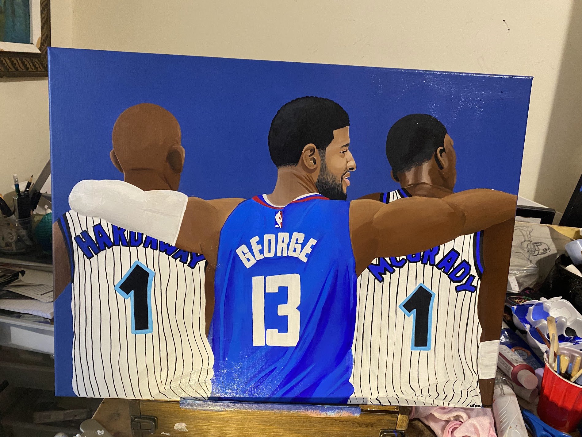 Painting of three basketball players from behind wearing jerseys numbered 1, 13, and 1