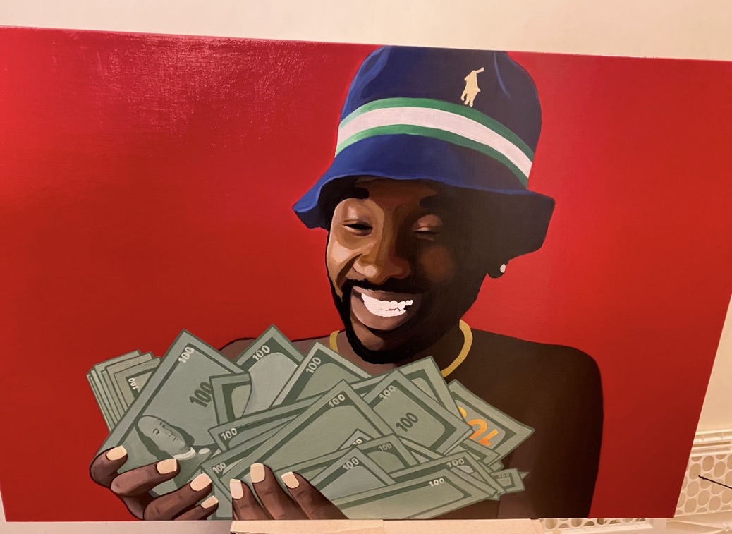 Portrait painting of a smiling man in a blue bucket hat holding bills against red