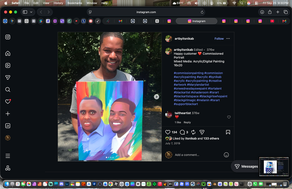 Customer holding a colorful commissioned portrait of two men