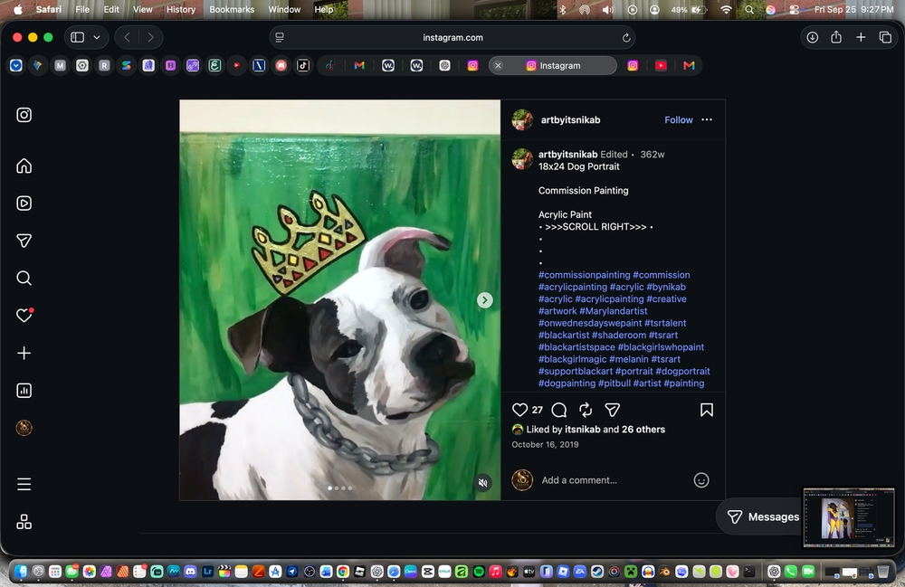 Acrylic portrait of a black-and-white dog with a gold crown against green