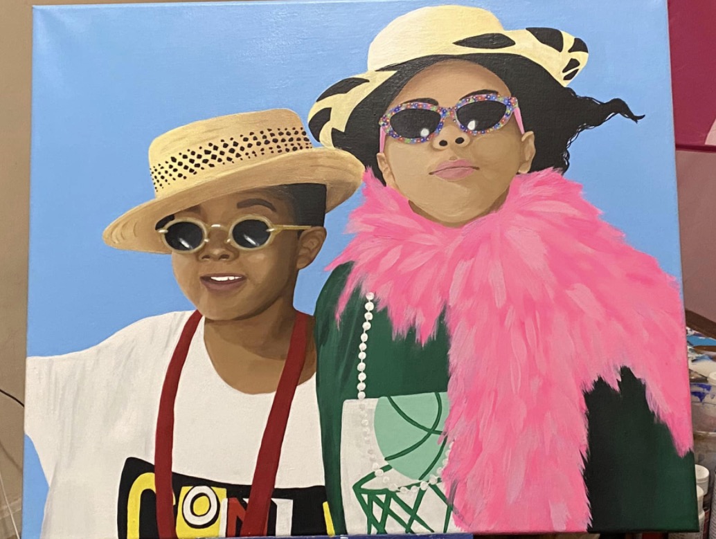 Painting of two children playing dress-up in hats and sunglasses with a pink feather boa