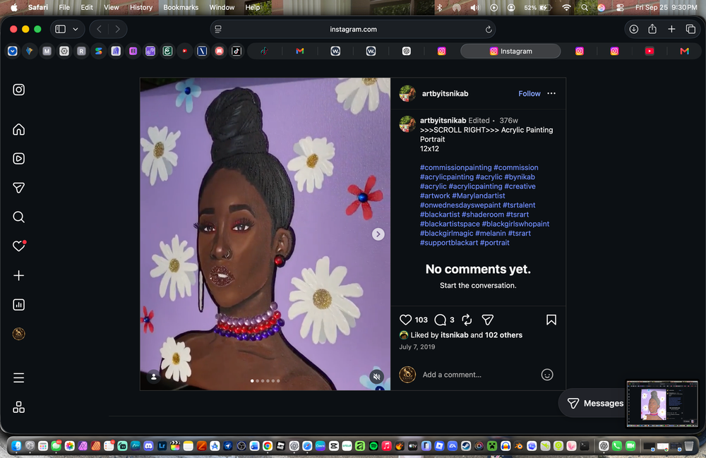 Acrylic portrait of a woman with a tall bun and colorful beaded necklaces, surrounded by daisies on lavender