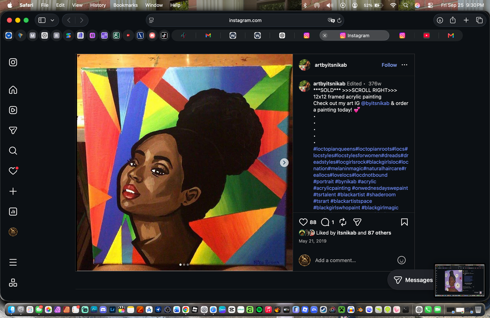 Acrylic portrait of a woman with a high puff against bright geometric shapes