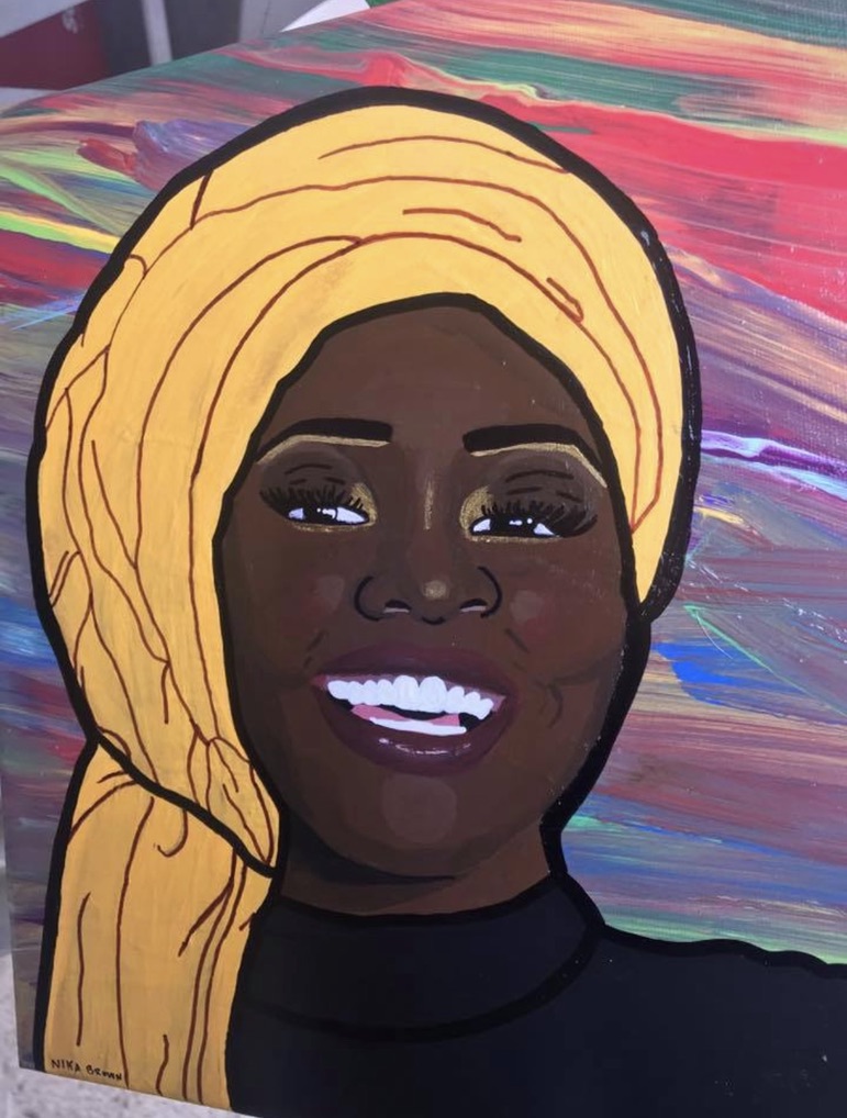 Painted portrait of a smiling woman wearing a gold headwrap and black top