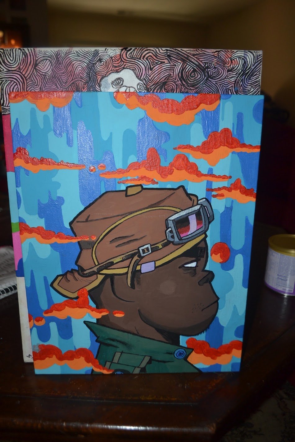 Gorillaz-inspired character painting with goggles and colorful abstract background