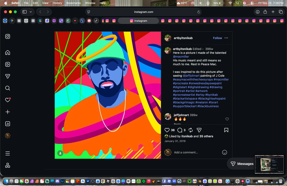 Digital tribute portrait of Mac Miller with blue features, a green cap, a golden halo, and vibrant abstract shapes by Nika B
