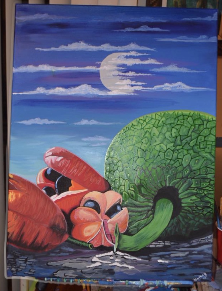 Commissioned painting of breadfruit and ackee beneath a moonlit sky by Nika B