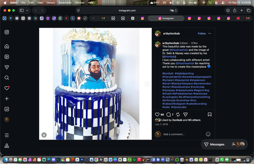 Blue and white tiered cake by The Silva Whisk featuring Nika B’s digital tribute illustration of Nipsey Hussle and Dr. Sebi