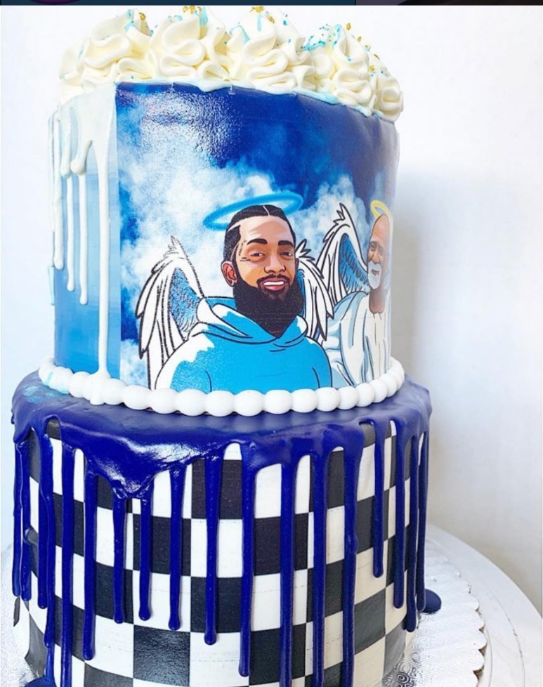 Close-up of Nika B’s Nipsey Hussle and Dr. Sebi illustration on the collaborative cake