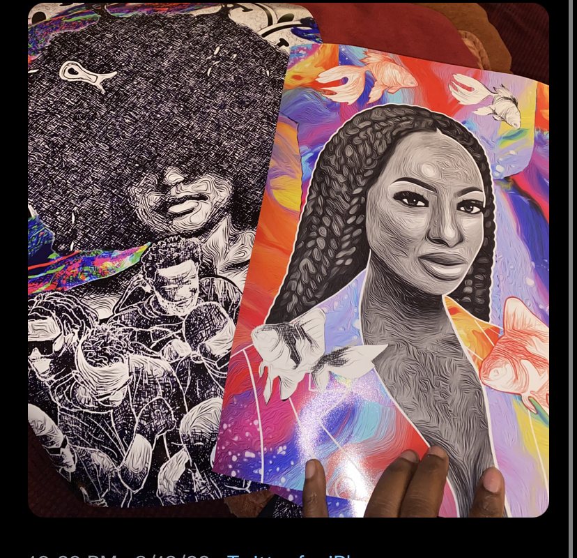 Two portrait art prints by Nika B, one monochrome and one full of color