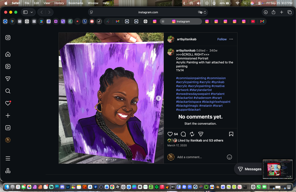 Commissioned portrait of a smiling woman on a purple background, with braided hair attached to the painting