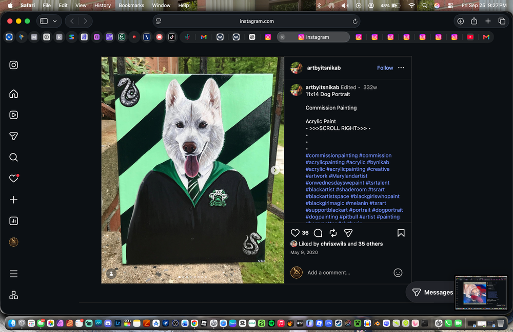 Commissioned portrait of a white dog wearing Slytherin robes against green and black stripes
