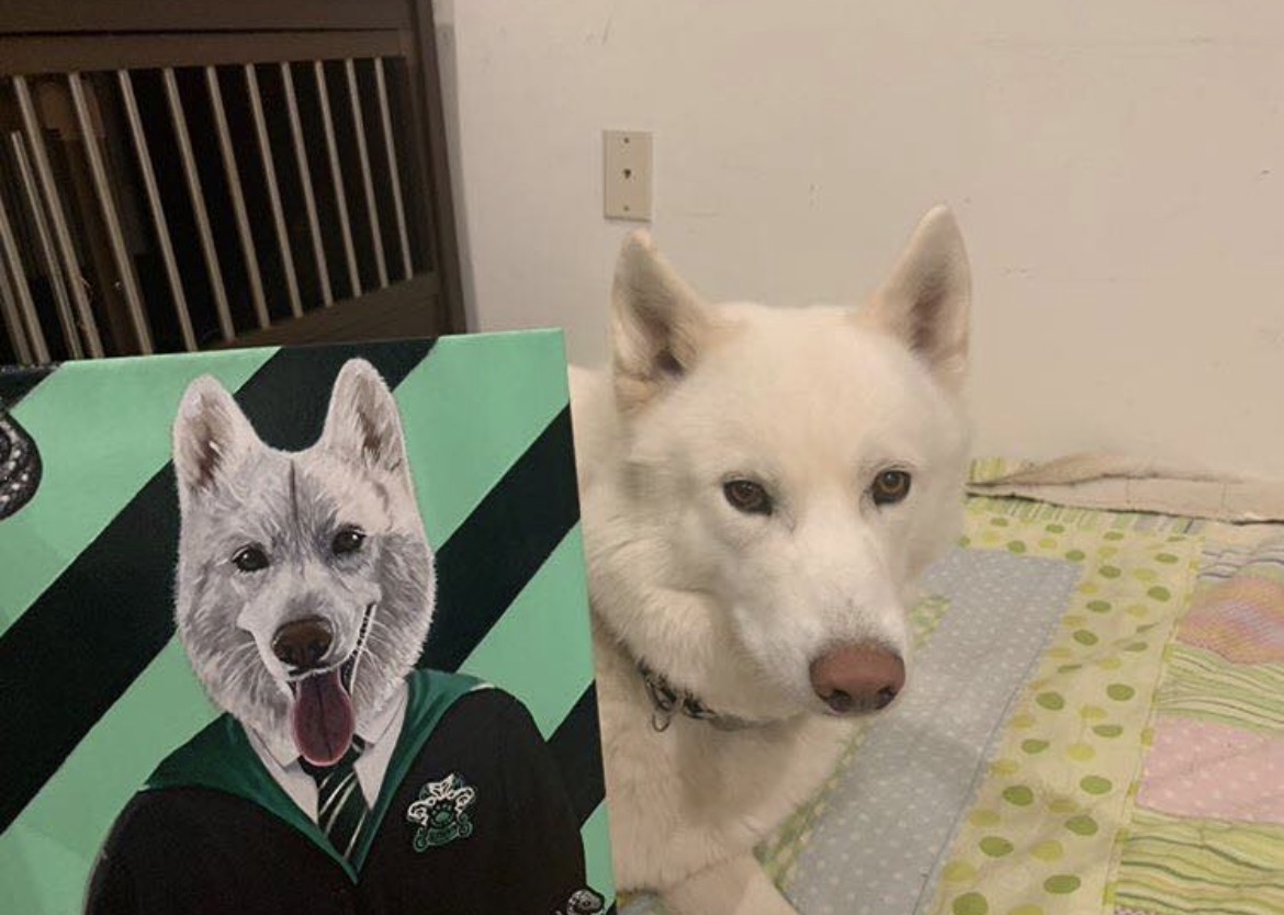 White dog beside its commissioned Slytherin-inspired portrait by Nika B