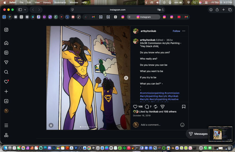 Acrylic painting of a little girl seeing herself as a superhero in a mirror, wearing purple and yellow