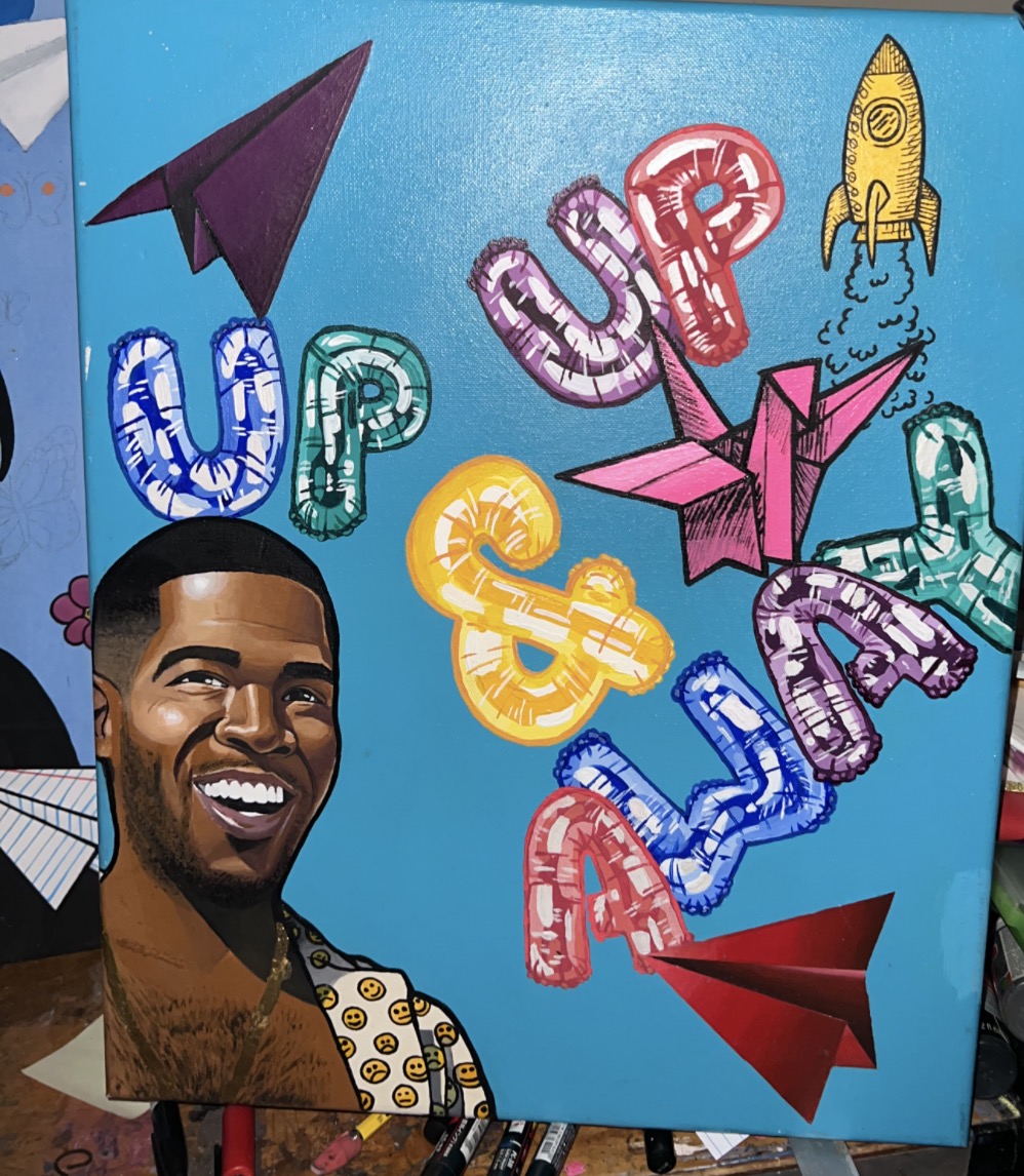 Portrait painting on turquoise with colorful Up Up and Away lettering, paper planes and a rocket