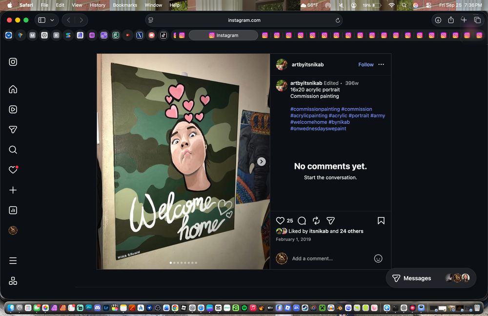 Welcome Home, a commissioned acrylic portrait with pink hearts and a green camouflage background by Nika B